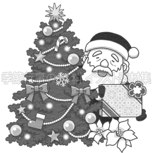 クリスマスツリーとサンタのイラスト（白黒版）