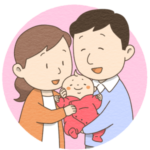 赤ちゃんを抱く夫婦のイラスト（カラー版）