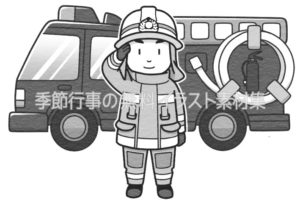消防車と敬礼する消防士のイラスト（白黒版）